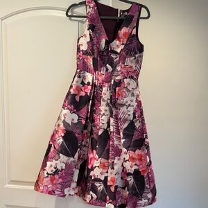 Kay Unger Purple and Pink Floral V-Neck Fit & Flare Dress